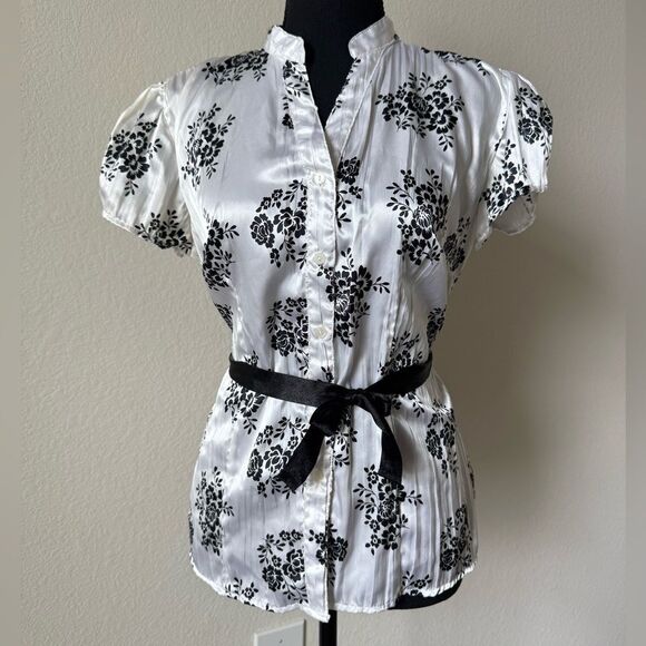 Quizz Again Satin Floral Blouse Y2K Puff Sleeve Tie Waist Romantic Glam Sz S - Picture 1 of 6